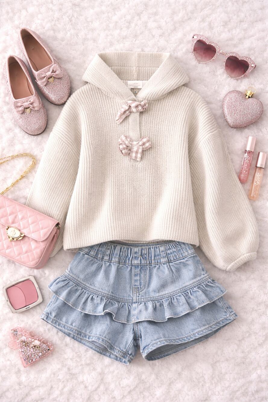 ZARA Baby Girls Knit Hooded Ribbed Sweater Checkered Bow Accent Beige Size 2–3Y